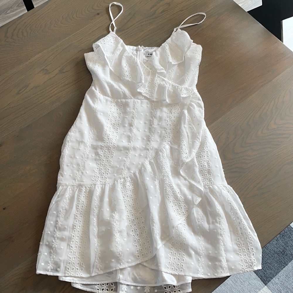 Eyelet lace ruffle wrap front dress